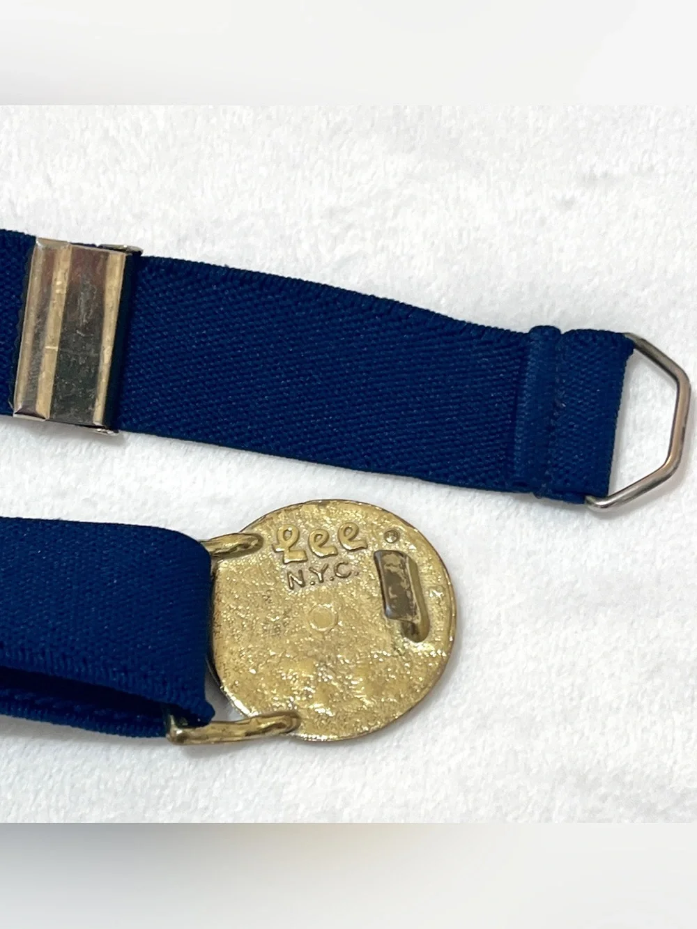 Vintage 80s Lee N.Y.C. Navy Blue Elastic Stretch Belt Gold Clasp Buckle Hardware
